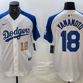 Men's Los Angeles Dodgers #18 Yoshinobu Yamamoto White Blue Vin Patch Cool Base Stitched Baseball Jersey