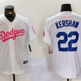 Men's Los Angeles Dodgers #22 Clayton Kershaw White Pink Vin & Kobe Patch Stitched Baseball Jersey