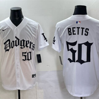 Men's Los Angeles Dodgers #50 Mookie Betts White 2025 LA Gothic Style With 2024 World Series Champions Patch Vapor Premier Limited Stitched Baseball Jersey