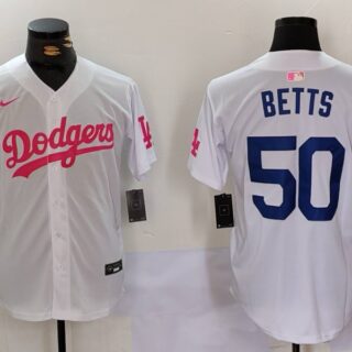 Men's Los Angeles Dodgers #50 Mookie Betts White Pink Vin & Kobe Patch Stitched Baseball Jerseys 1