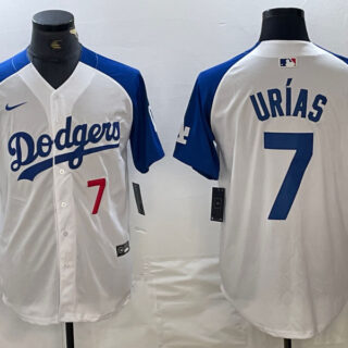 Men's Los Angeles Dodgers #7 Julio Urias White Blue Vin Patch Cool Base Stitched Baseball Jersey