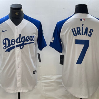 Men's Los Angeles Dodgers #7 Julio Urias White Blue Vin Patch Cool Base Stitched Baseball Jersey