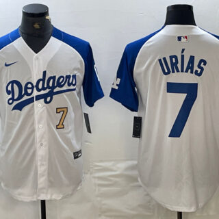 Men's Los Angeles Dodgers #7 Julio Urias White Blue Vin Patch Cool Base Stitched Baseball Jersey
