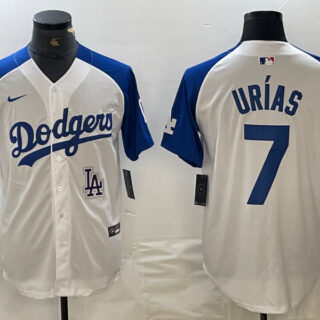 Men's Los Angeles Dodgers #7 Julio Urias White Blue Vin Patch Cool Base Stitched Baseball Jersey