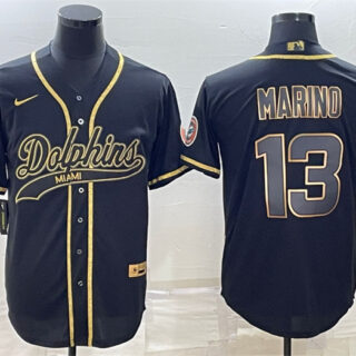 Men's Miami Dolphins #13 Dan Marino Black Gold With Patch Cool Base Stitched Baseball Jersey