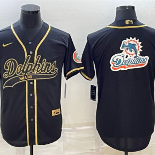 Men's Miami Dolphins Black Gold Team Big Logo With Patch Cool Base Stitched Baseball Jersey