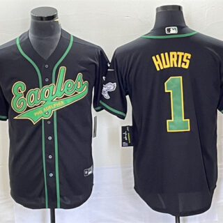 Men's Philadelphia Eagles #1 Jalen Hurts Black Cool Base Stitched Baseball Jersey