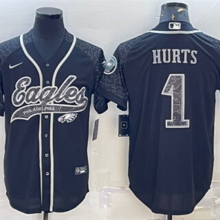 Men's Philadelphia Eagles #1 Jalen Hurts Black Reflective With Patch Cool Base Stitched Baseball Jersey