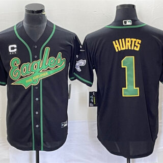 Men's Philadelphia Eagles #1 Jalen Hurts Black With C Patch Cool Base Stitched Baseball Jersey