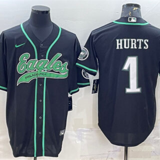 Men's Philadelphia Eagles #1 Jalen Hurts Black With Patch Cool Base Stitched Baseball Jersey