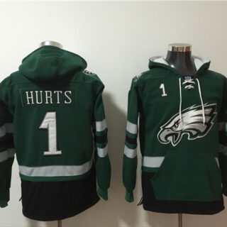 Men's Philadelphia Eagles #1 Jalen Hurts Green Ageless Must-Have Lace-Up Pullover Hoodie