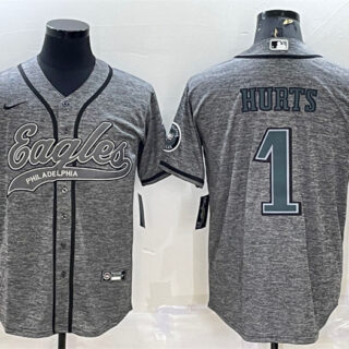 Men's Philadelphia Eagles #1 Jalen Hurts Grey With Patch Cool Base Stitched Baseball Jersey
