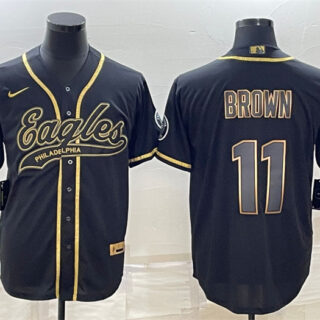 Men's Philadelphia Eagles #11 A. J. Brown Black Gold With Patch Cool Base Stitched Baseball Jersey