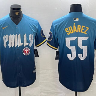 Men's Philadelphia Phillies #55 Ranger Suarez Blue 2024 City Connect Limited Stitched Jersey