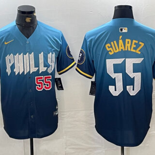 Men's Philadelphia Phillies #55 Ranger Suarez Blue 2024 City Connect Limited Stitched Jersey