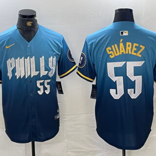 Men's Philadelphia Phillies #55 Ranger Suarez Blue 2024 City Connect Limited Stitched Jersey