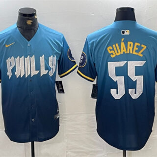 Men's Philadelphia Phillies #55 Ranger Suarez Blue 2024 City Connect Limited Stitched Jersey