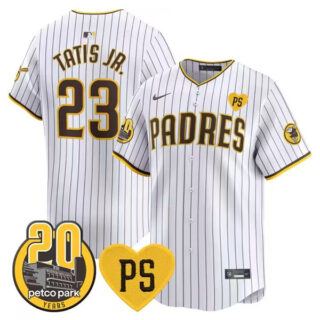 Men's San Diego Padres #23 Fernando Tatis Jr. White For Peter And Petco Park 20th Patch Limited Stitched Baseball Jersey