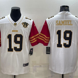 Men's San Francisco 49ers #19 Deebo Samuel White Gold With 75th Anniversary Patch Stitched Jersey