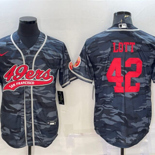 Men's San Francisco 49ers #42 Ronnie Lott Grey Red Camo With Patch Cool Base Stitched Baseball Jersey