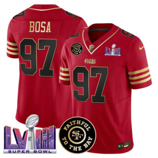 Men's San Francisco 49ers #97 Nick Bosa Red 2025 F.U.S.E. Faithful & Super Bowl LVIII Patch Vapor Limited Stitched Football Jersey