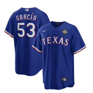 Men's Texas Rangers #53 Adolis Garcia Royal 2023 World Series Stitched Baseball Jersey