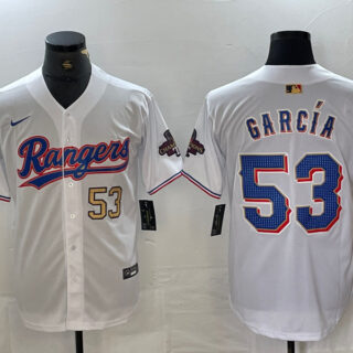 Men's Texas Rangers #53 Adolis Garcia White Gold Cool Base Stitched Baseball Jersey