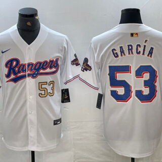 Men's Texas Rangers #53 Adolis Garcia White Gold Cool Base Stitched Baseball Jersey