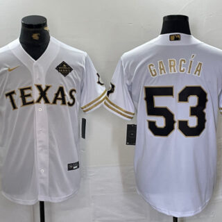 Men's Texas Rangers #53 Adolis Garcia White Gold Cool Base Stitched Baseball Jersey