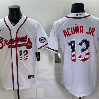 Men's Atlanta Braves #13 Ronald Acuna Jr. White USA 250 Fourth of July Home Stadium Stitched Baseball Jersey