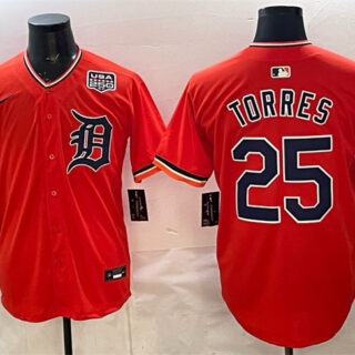 Men's Detroit Tigers #25 Gleyber Torres Orange 2026 Alternate USA 250' Patch Vapor Premier Limited Stitched Baseball Jersey