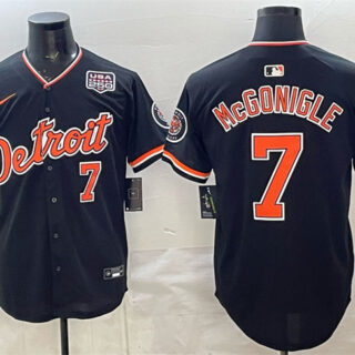 Men's Detroit Tigers #7 Kevin McGonigle Black 2026 Alternate USA 250' Patch Vapor Premier Limited Stitched Baseball Jersey