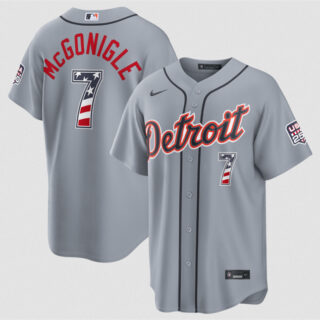 Men's Detroit Tigers #7 Kevin McGonigle Grey 2026 USA 250 Fourth of July Stitched Baseball Jersey