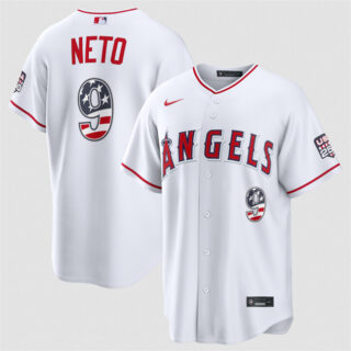 Men's Los Angeles Angels #9 Zach Neto 2026 White USA 250 Fourth of July Home Stadium Stitched Baseball Jersey