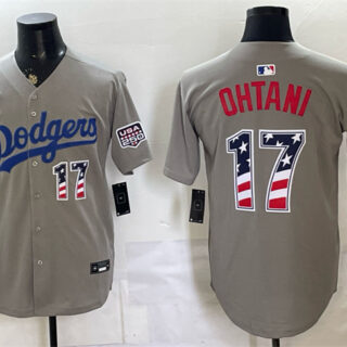 Men's Los Angeles Dodgers #17 Shohei Ohtani Grey 250 Fourth of July Road Stitched Baseball Jersey