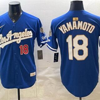 Men's Los Angeles Dodgers #18 Yoshinobu Yamamoto Royal 2026 Gold Collection 9x & B2B Champs Patch Stitched Baseball Jersey