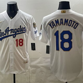 Men's Los Angeles Dodgers #18 Yoshinobu Yamamoto White 2026 Gold Collection 9x & B2B Champs Patch Stitched Baseball Jersey
