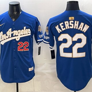 Men's Los Angeles Dodgers #22 Clayton Kershaw Royal 2026 Gold Collection 9x & B2B Champs Patch Stitched Baseball Jersey