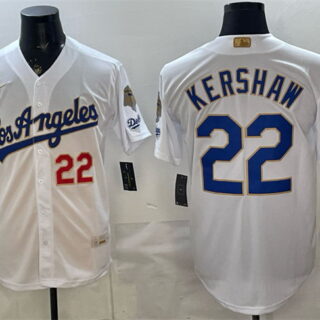 Men's Los Angeles Dodgers #22 Clayton Kershaw White 2026 Gold Collection 9x & B2B Champs Patch Stitched Baseball Jersey