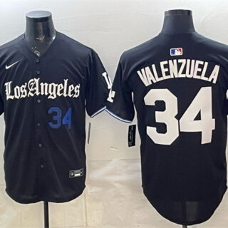 Men's Los Angeles Dodgers #34 Fernando Valenzuela Black 2025 World Series Champions Patch 'Gothic Edition' Vapor Premier Limited Stitched Baseball Jersey