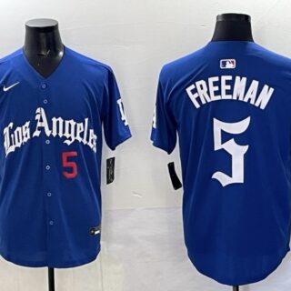 Men's Los Angeles Dodgers #5 Freddie Freeman Blue LA Gothic Style With 2025 World Series Champions Patch Limited Stitched Baseball Jersey