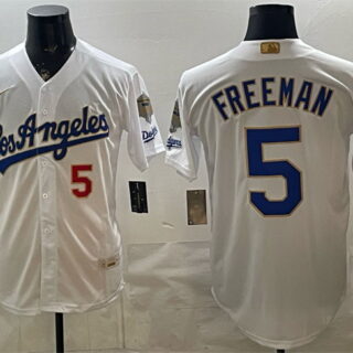 Men's Los Angeles Dodgers #5 Freddie Freeman White 2026 Gold Collection 9x & B2B Champs Patch Stitched Baseball Jersey