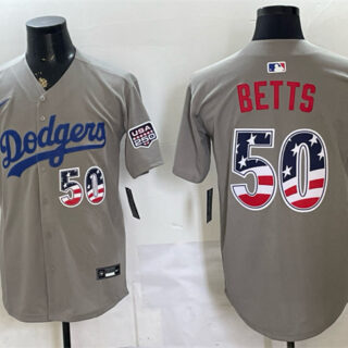 Men's Los Angeles Dodgers #50 Mookie Betts Grey 250 Fourth of July Road Stitched Baseball Jersey