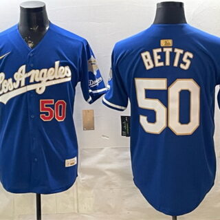 Men's Los Angeles Dodgers #50 Mookie Betts Royal 2026 Gold Collection 9x & B2B Champs Patch Stitched Baseball Jersey