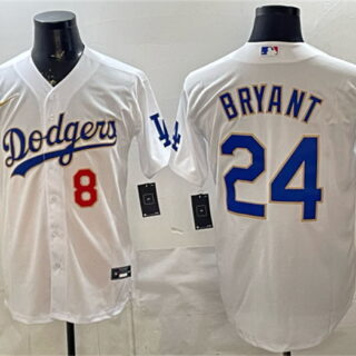 Men's Los Angeles Dodgers Front #8 Back #24 Kobe Bryant White Gold With 2025 World Series Champions Patch Stitched Baseball Jersey