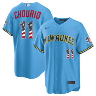 Men's Milwaukee Brewers #11 Jackson Chourio Blue 2026 USA 250 Fourth of July Home Stadium Stitched Baseball Jersey