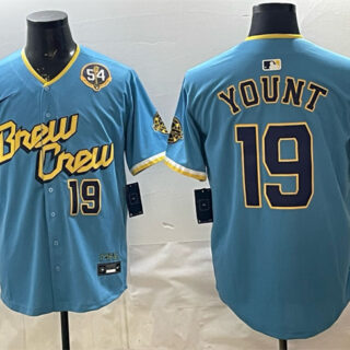 Men's Milwaukee Brewers #19 Robin Yount Powder Blue City Connect With Home & Bob Uecker Patch Limited Stitched Baseball Jersey