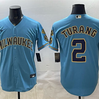 Men's Milwaukee Brewers #2 Brice Turang Blue With Home & Bob Uecker Patch Stitched Baseball Jersey