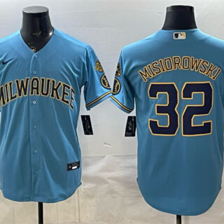 Men's Milwaukee Brewers #32 Jacob Misiorowski Blue With Home & Bob Uecker Patch Stitched Baseball Jersey