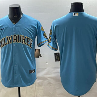 Men's Milwaukee Brewers Blank Blue With Home & Bob Uecker Patch Stitched Baseball Jersey